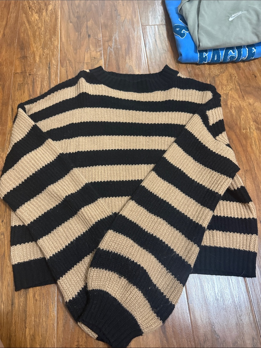 SHEIN Black and Tan Striped Crew Neck Sweater